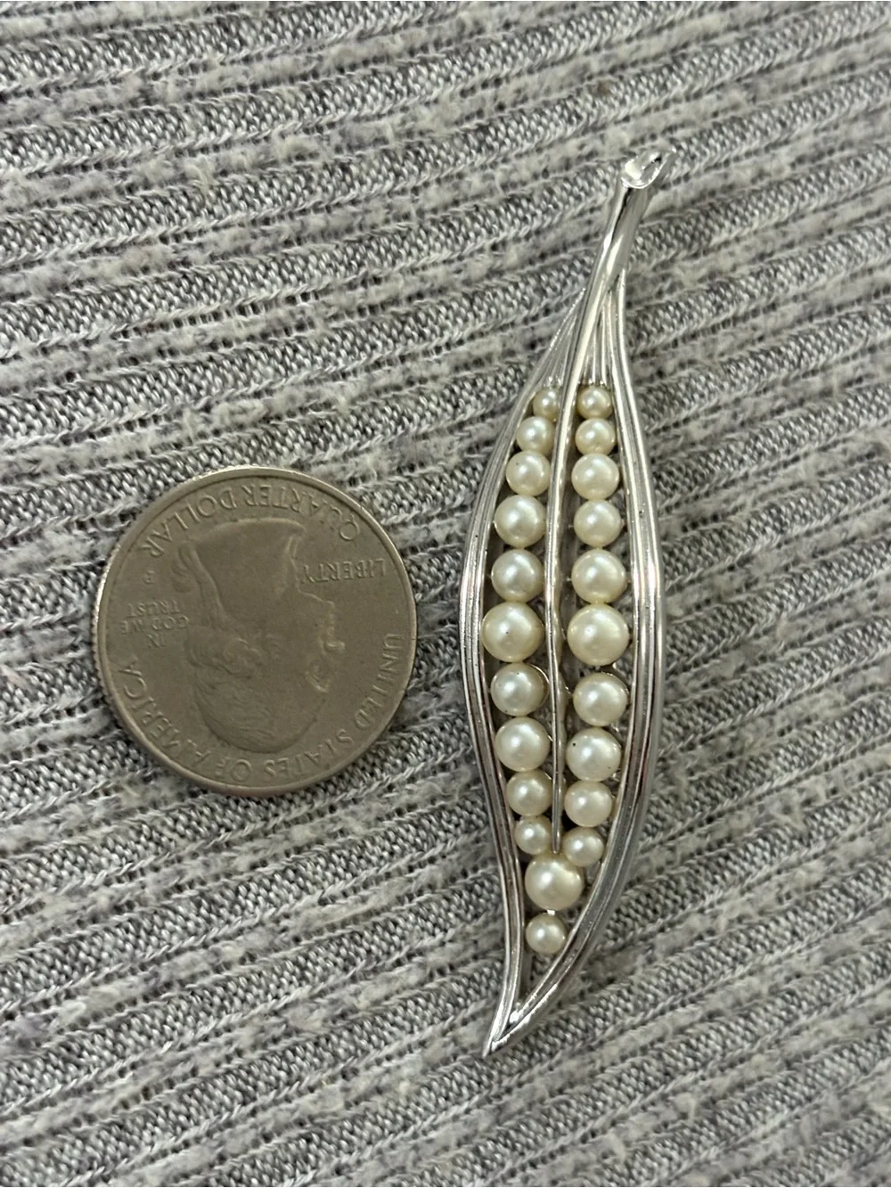 Vintage Trifari signed silver tone wavy faux pearl brooch